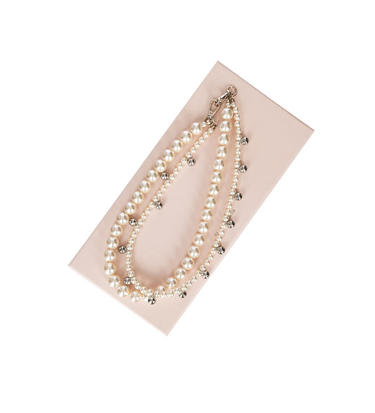 DOUBLE BELL CHARM AND PEARL BAG STRAP PEARL/SILVER