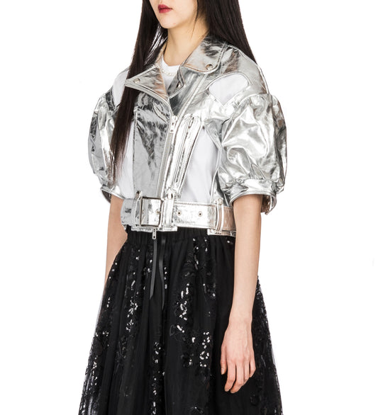 CROPPED CUT OUT PUFF SLEEVE JACKET SILVER