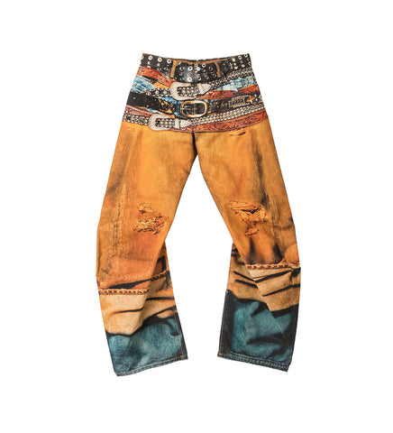 BELT LAYERED PRINT DENIM JEANS RUST ORANGE