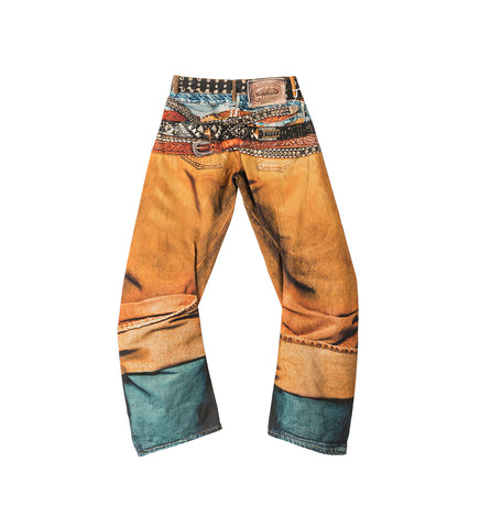 BELT LAYERED PRINT DENIM JEANS RUST ORANGE