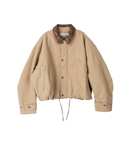 LEATHER COLLAR TWILL JACKET KHAKI BEIGE