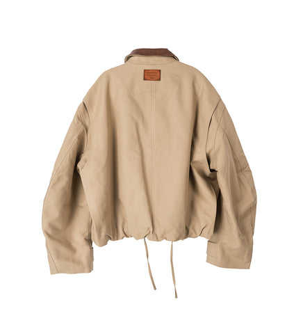 LEATHER COLLAR TWILL JACKET KHAKI BEIGE