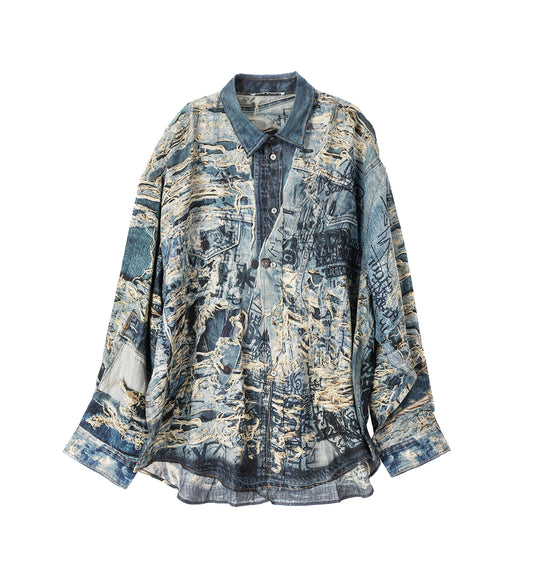 DENIM TROMP L'OEIL PRINT BUTTON UP SHIRT DENIM BLUE