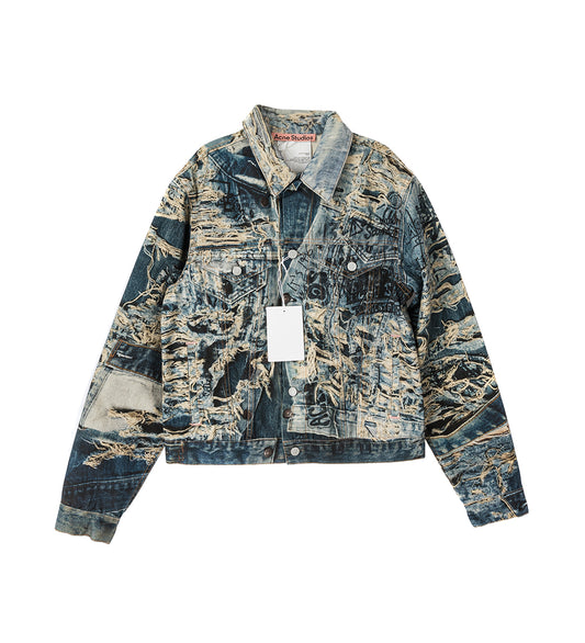 DISTRESSED PRINT DENIM JACKET MID BLUE
