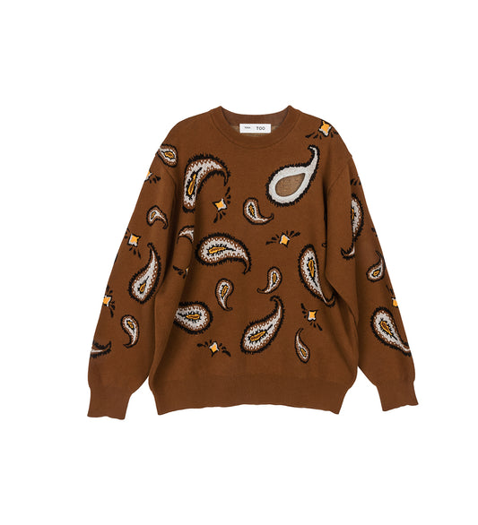 PAISLEY JACQURD KNIT PULLOVER BROWN