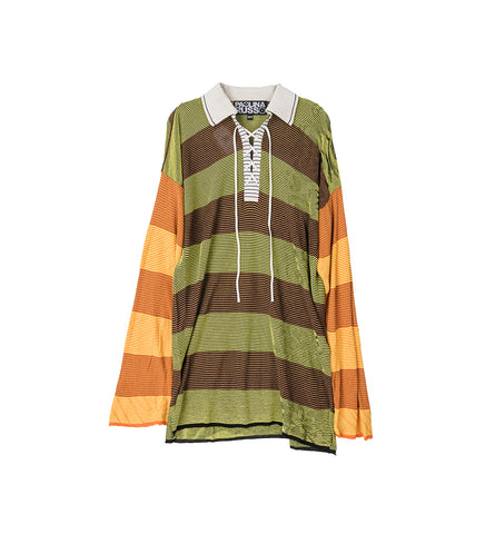 OVERSIZED ILLUSION KNIT POLO DRESS CHARTREUSE/BROWN/ORANGE