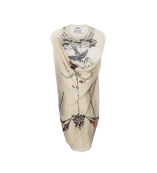 TATTOO ROSE BIRD DOUBLE LAYER MESH DRESS ECRU/BLACK/RED