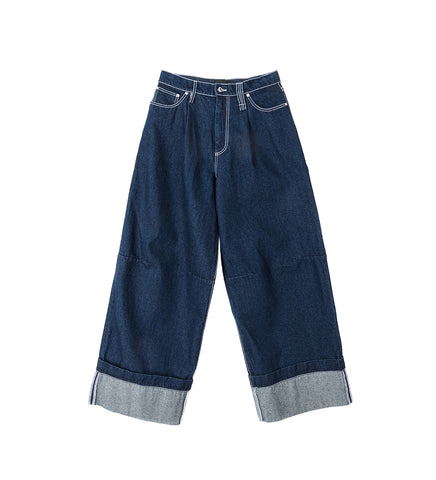 WIDE LEG PUDDLE DENIM JEANS W/EMB INDIGO/CLEAR