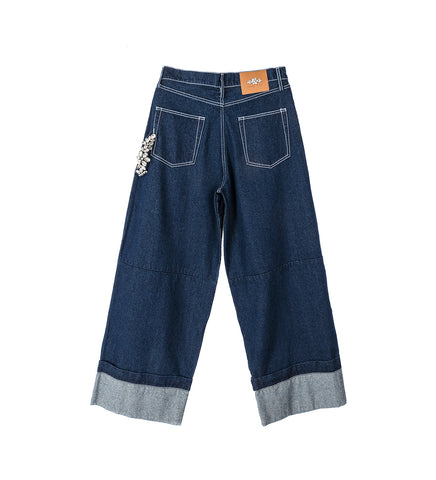 WIDE LEG PUDDLE DENIM JEANS W/EMB INDIGO/CLEAR
