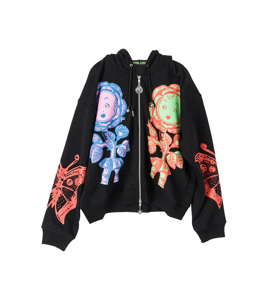 DOUBLE ROSE BUD ZIP HOODIE BLACK