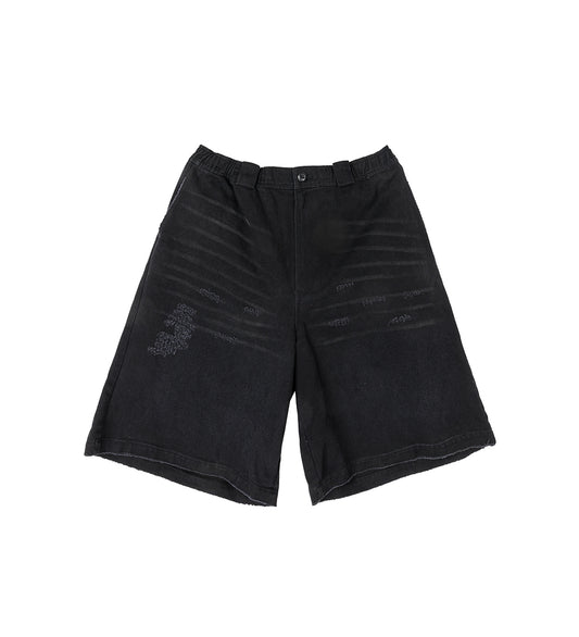 WIDE LEG WORN DENIM SHORTS BLACK