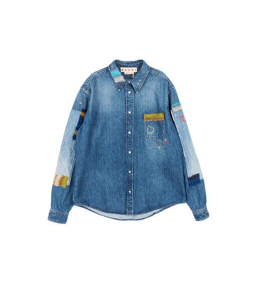 DENIM SHIRT WITH MOHAIR PATCHES BLUE