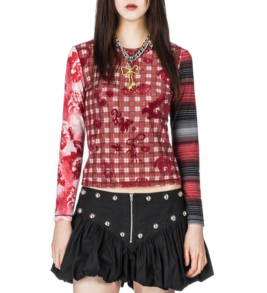 TRIGGER FLOCKED MESH LONG SLEEVE TOP MULTI