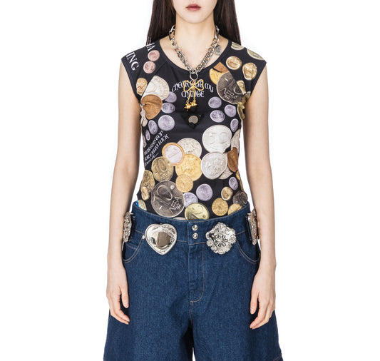 ANGELICA COIN SHORT SLEEVE TOP BLACK/MULTI