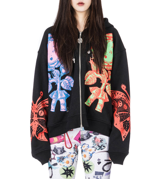 DOUBLE ROSE BUD ZIP HOODIE BLACK