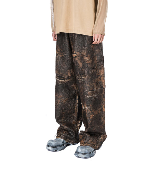 2023 DISTRESSED MONOGRAM COATING SUPER BAGGY FIT JEANS BROWN