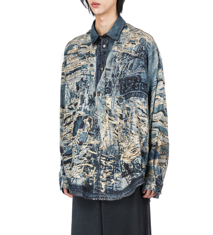 DENIM TROMP L'OEIL PRINT BUTTON UP SHIRT DENIM BLUE