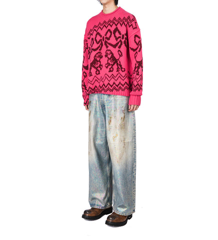 JACQUARD RIBON & DOG SWEATER PINK/RED