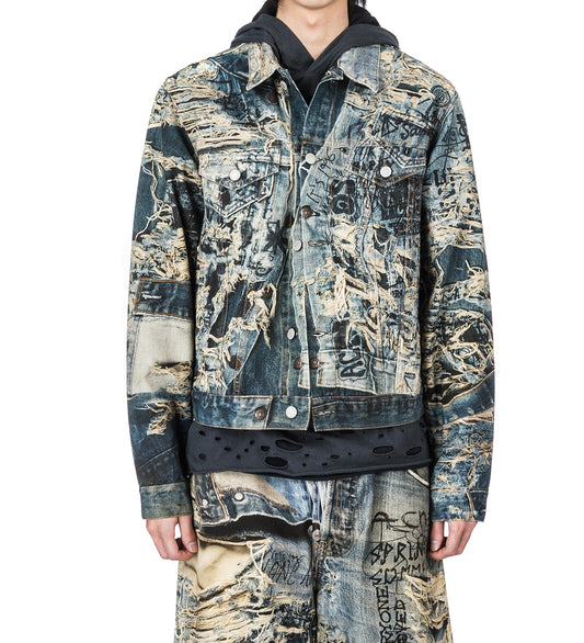 DISTRESSED PRINT DENIM JACKET MID BLUE