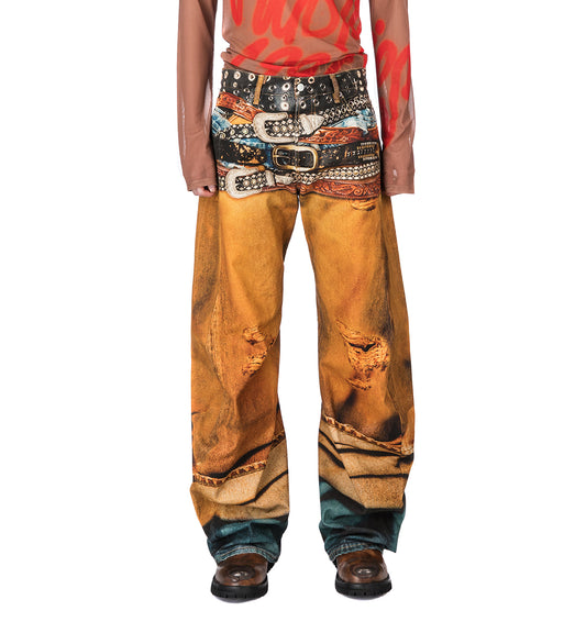 BELT LAYERED PRINT DENIM JEANS RUST ORANGE