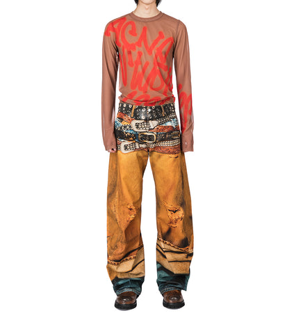 BELT LAYERED PRINT DENIM JEANS RUST ORANGE
