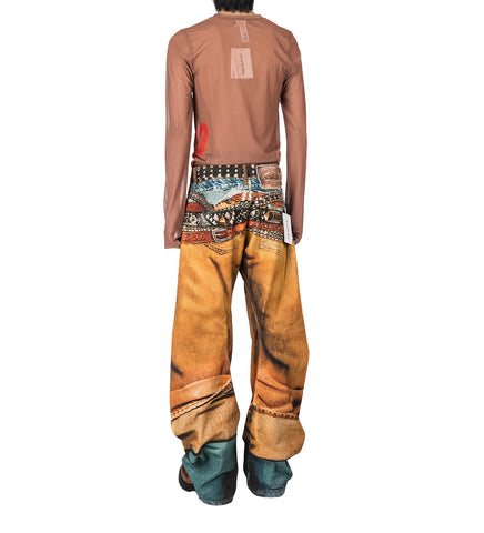 BELT LAYERED PRINT DENIM JEANS RUST ORANGE
