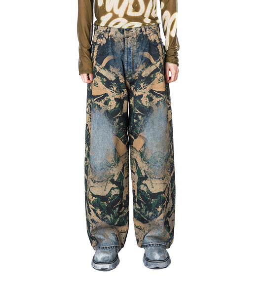2023 DENIM MOSSY OAK SUPER BAGGY FIT PRINTED JEANS BROWN