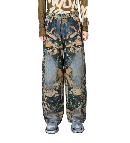 2023 DENIM MOSSY OAK SUPER BAGGY FIT PRINTED JEANS BROWN