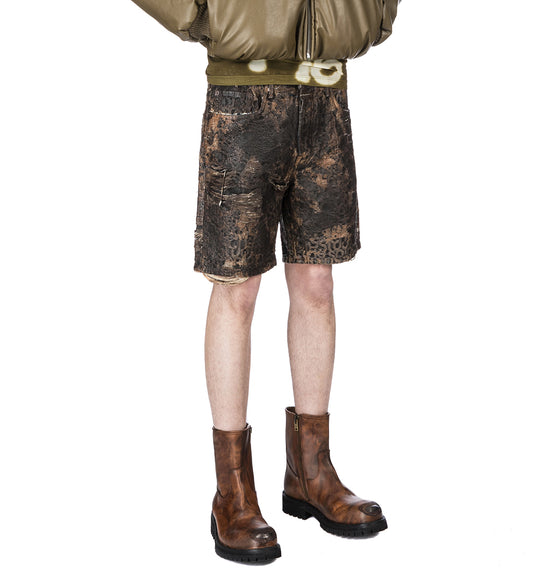 LOOSE FIT DENIM MONOGRAM SHORTS BROWN