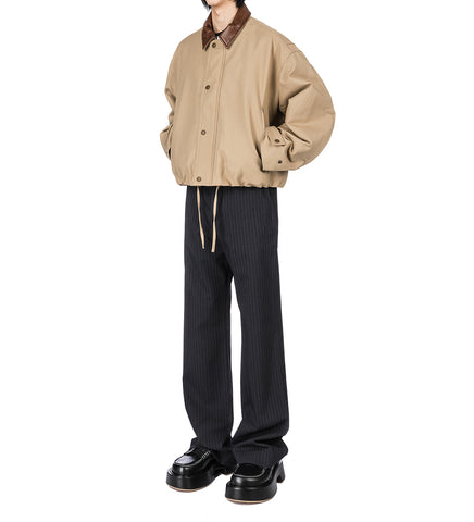 LEATHER COLLAR TWILL JACKET KHAKI BEIGE