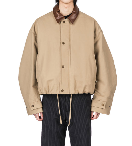 LEATHER COLLAR TWILL JACKET KHAKI BEIGE