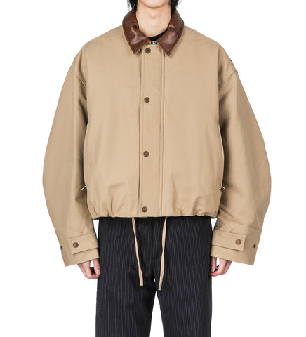 LEATHER COLLAR TWILL JACKET KHAKI BEIGE