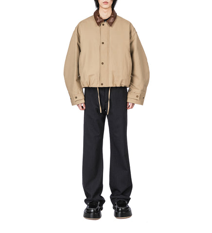LEATHER COLLAR TWILL JACKET KHAKI BEIGE