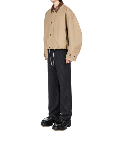 LEATHER COLLAR TWILL JACKET KHAKI BEIGE