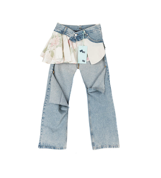 SLICED SKIRT JEANS DENIM BLUE/FLORAL PRINT