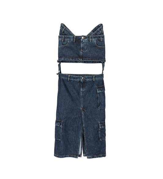 CUT OUT DENIM LONG SKIRT WASHED BLUE
