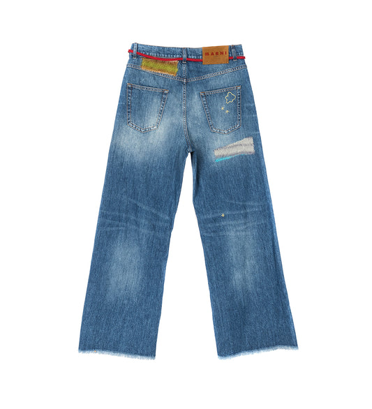ORGANIC DENIM JEANS WITH MOHAIR PATCHES BLUE