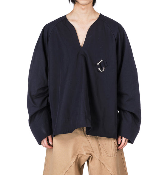 GATHERED SLEEVE V NECK TOP NAVY