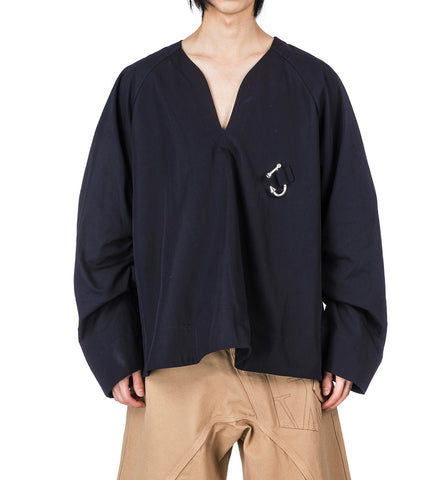 GATHERED SLEEVE V NECK TOP NAVY