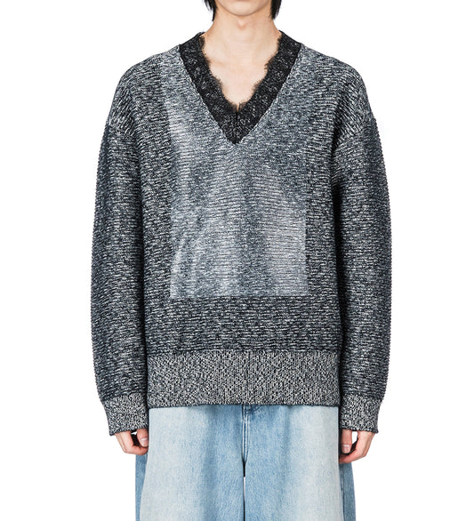 LACE TRIM V NECK JUMPER BLACK