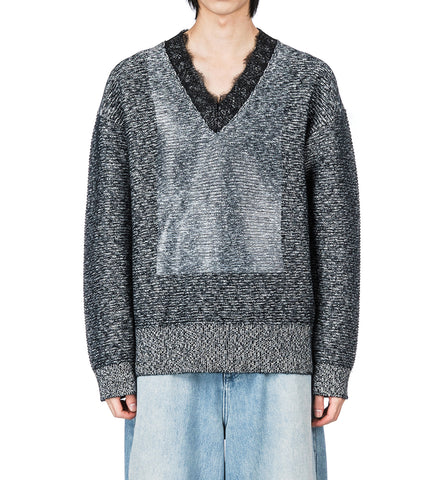 LACE TRIM V NECK JUMPER BLACK