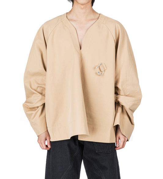 GATHERED SLEEVE V NECK TOP BEIGE