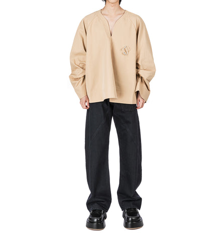GATHERED SLEEVE V NECK TOP BEIGE