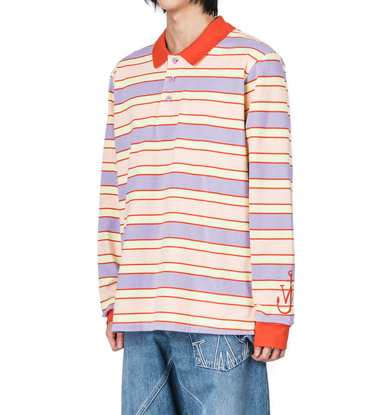 STRIPED CONSTRAST TRIM LS POLO TOP PINK/MULTI