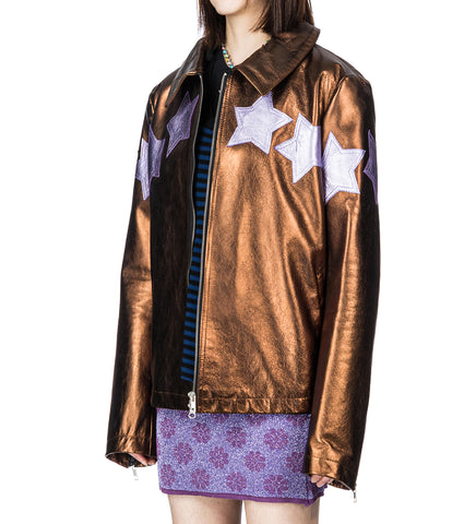 VINTAGE METALLIC PANELED LEATHER JACKET BROWN/LILAC
