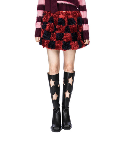 ARTISAN PATCH WORK MOHAIR FUR SKIRT NAVY/WINE