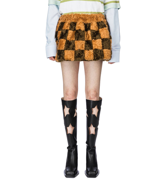 ARTISAN PATCHWORK MOHAIR FUR SKIRT BROWN/COGNAC