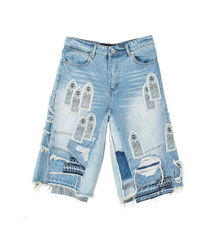 PATCHED ARCH BLOWOUT DENIM SHORT SKY