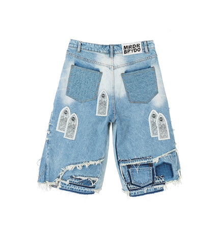 PATCHED ARCH BLOWOUT DENIM SHORT SKY