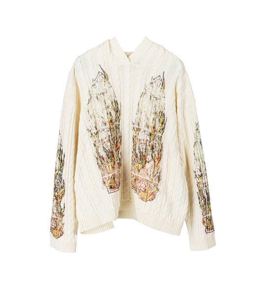 FLAME GLASS CABLE KNIT HOODED PULLOVER CREAM